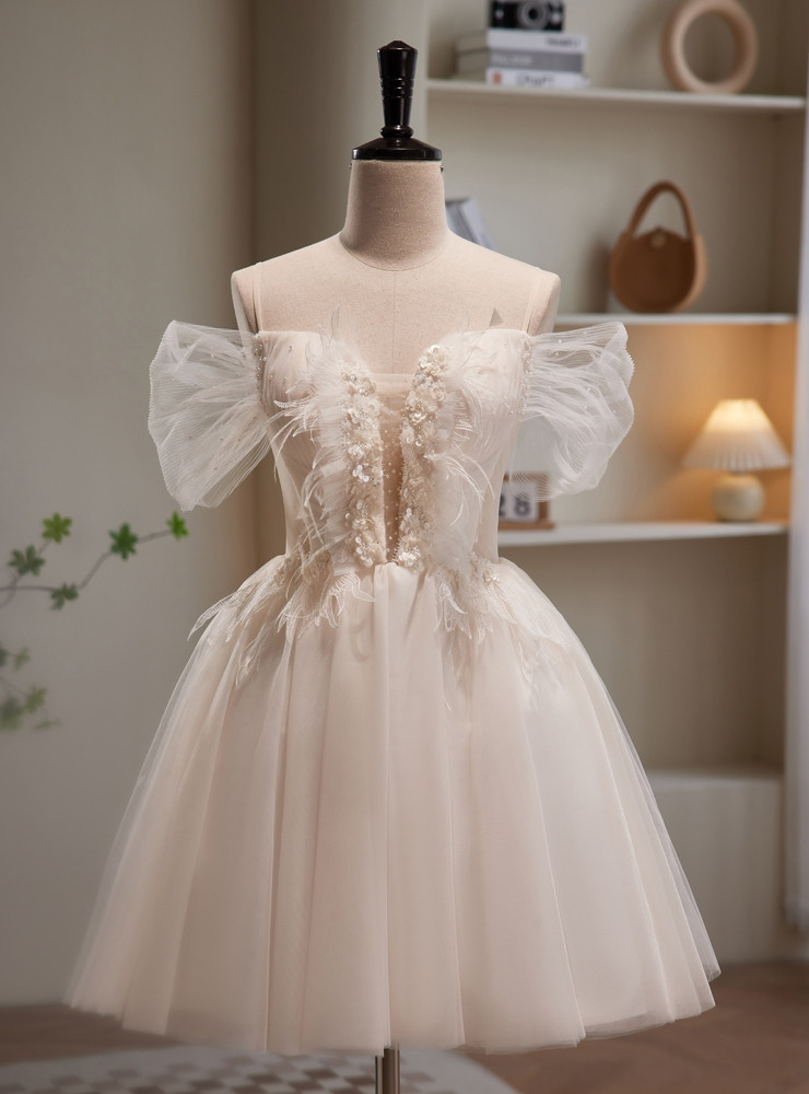A-line Off Shoulder Tulle Short Mini Homecoming Dress, Sequins Beading