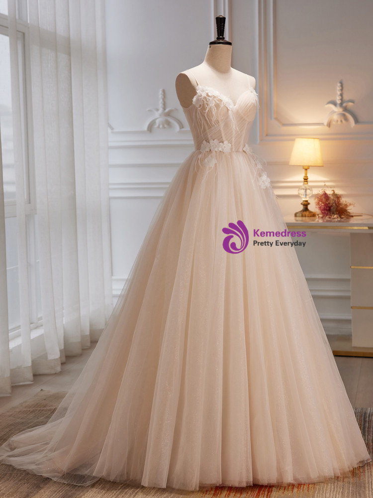 Ivory Spaghetti Straps Wedding Dress Appliques Tulle Bridal Dress with Sweep Train main image 0
