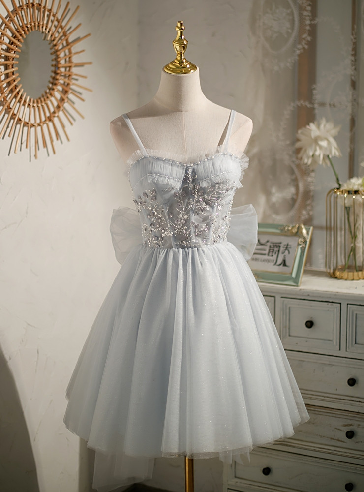 Sparkly Spaghetti Straps Cute Tulle Homecoming Dress with Beads UQH0089