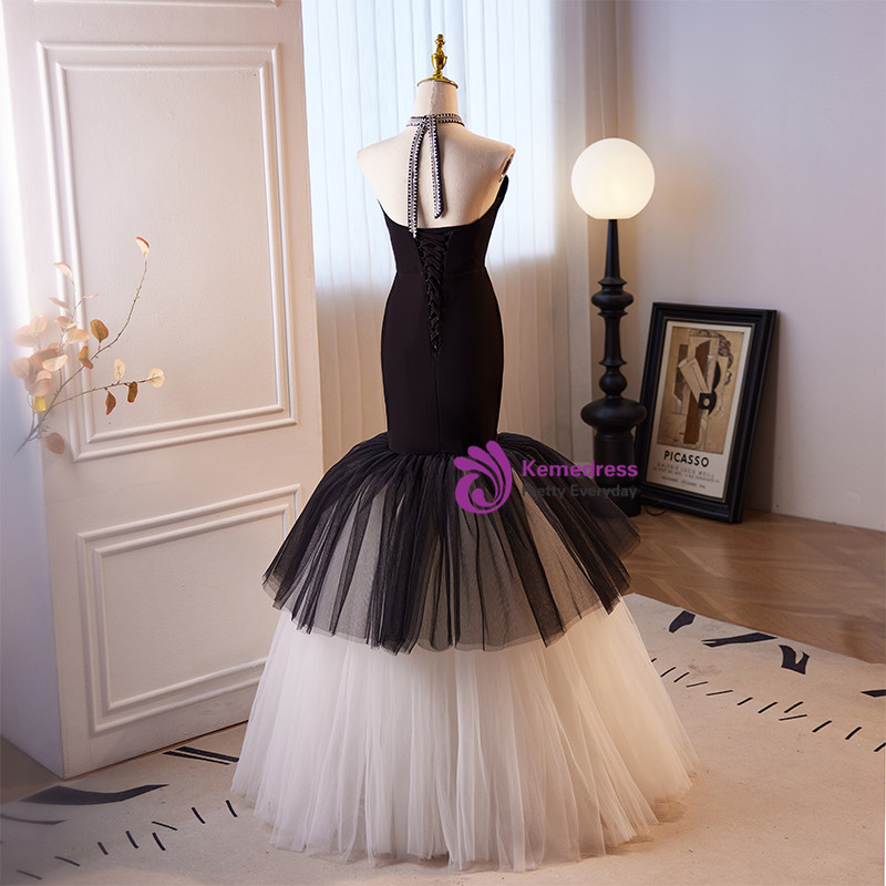 Elegant Grey Mermaid Halter Neck Square Neck Satin Tulle Long Prom Dress Evening Dress cc5366