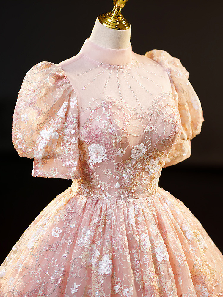 Pink Flower Puff Sleeve V-neck Quinceanera Dress