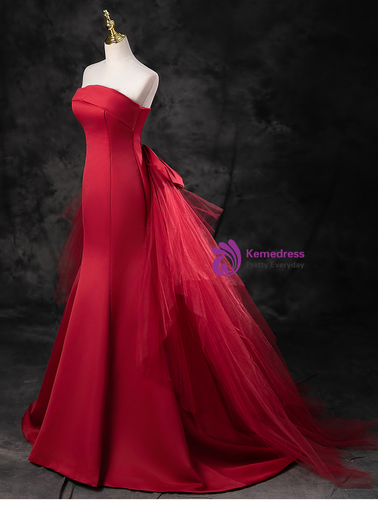 Burgundy Mermaid Sequins Tulle Strapless Classy Prom Dress