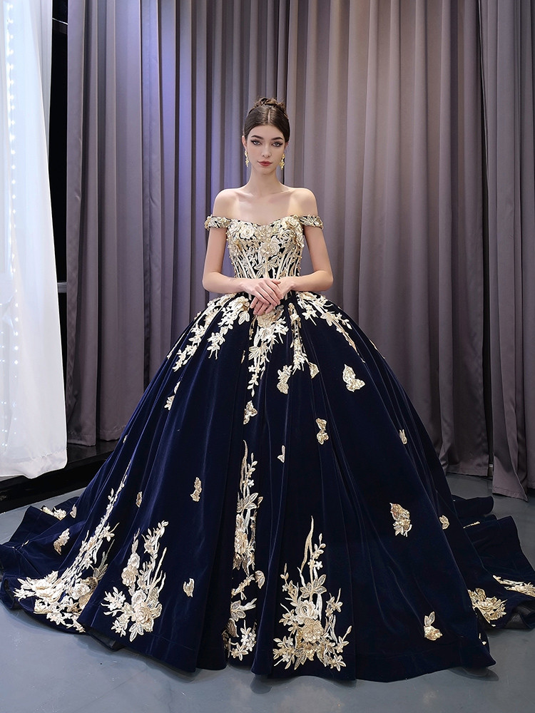 Navy Blue Velvet Off the Shoulder Appliques Prom Dress