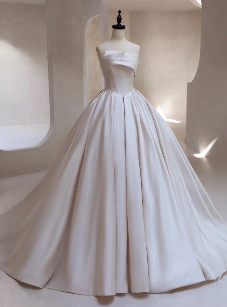 Ivory White Satin Strapless Beading Wedding Dress With Train