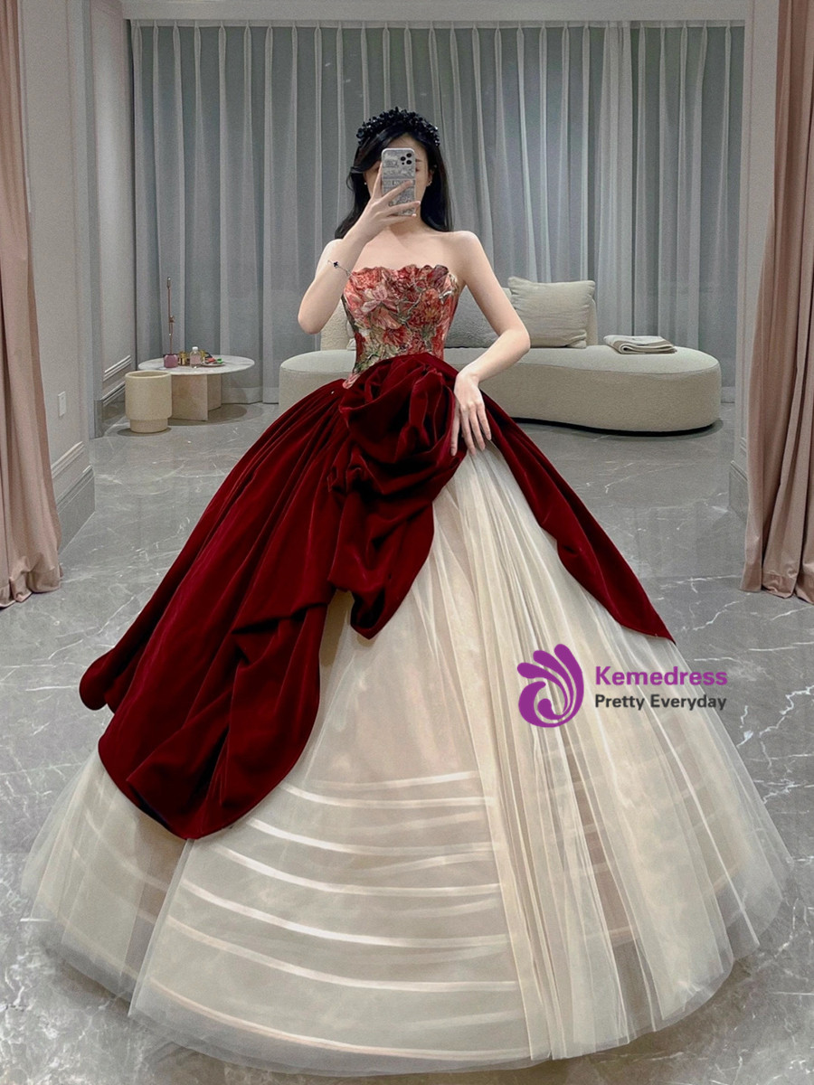 Strapless Burgundy Tulle Prom Party Dress Birthday Outfit Evening Dress