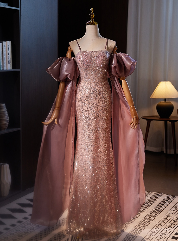 Classy Pink Spaghetti Straps Chiffon Sequin Long Prom Dress Birthday Party Dress SP196 main image 1