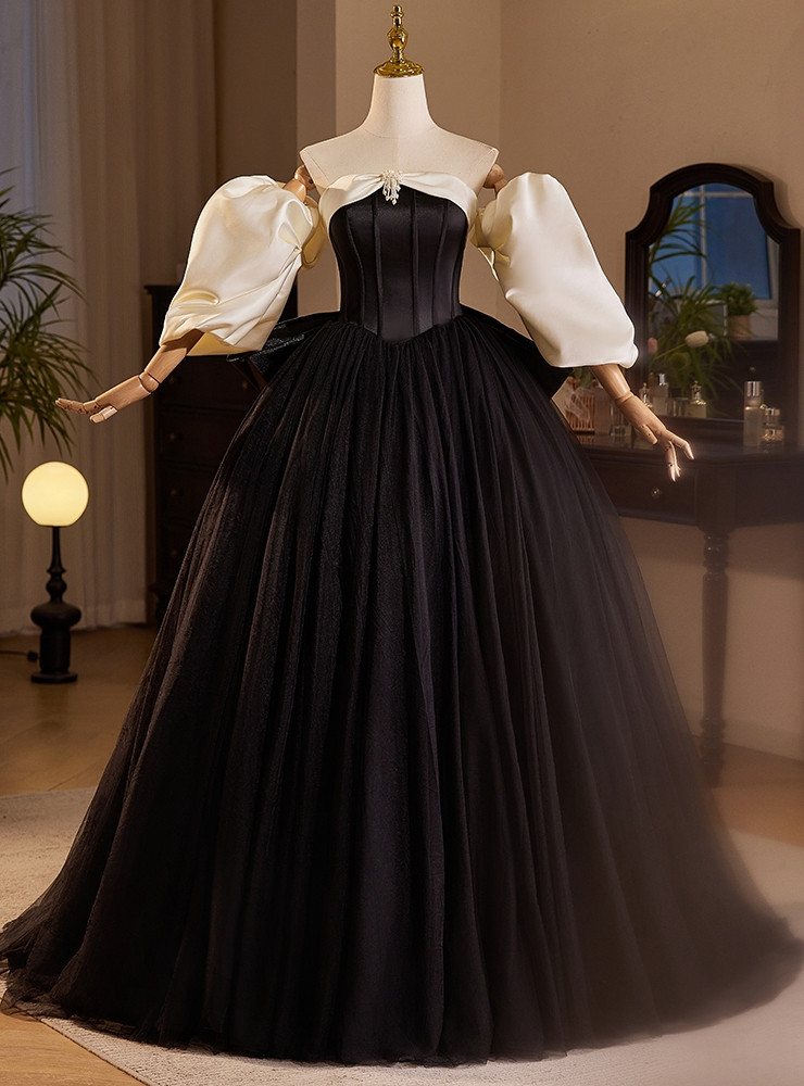 Cute Ball Gown Strapless Black Satin Ankle Length Prom Dresses With Ruffles Evening Dress C2599 main image 1