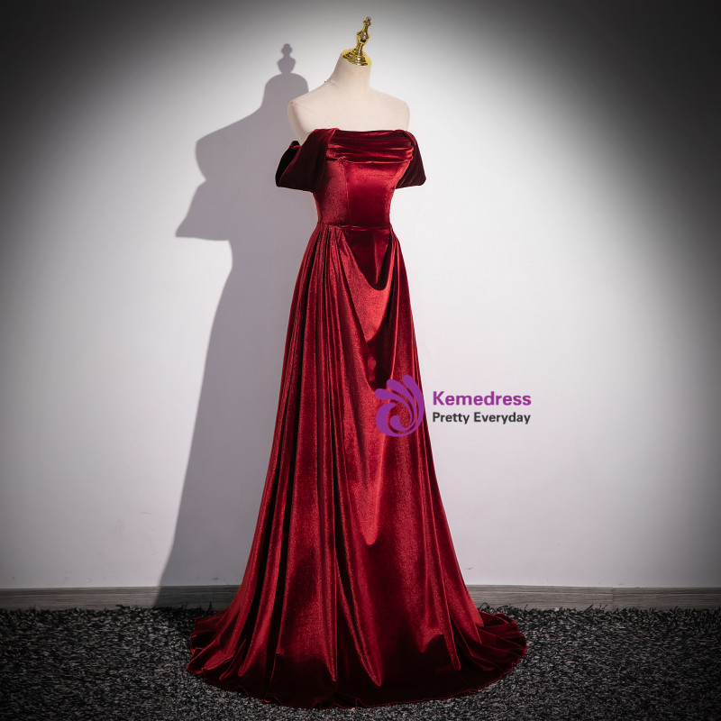 Vintage Burgundy Off-the-shoulder Velvet Design A-Line Evening Dress Prom Dress DP6131