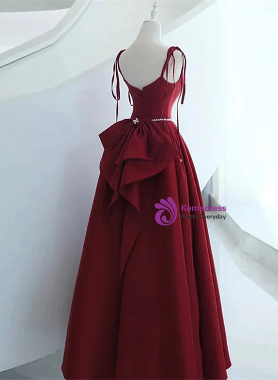 Burgundy Satin Spaghetti Straps Prom Dresses with Slit LBQ0601 main image 1