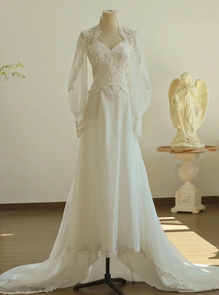 Straight Neck Long Sleeve White Lace Beaded Wedding Party Dresses, WD0029