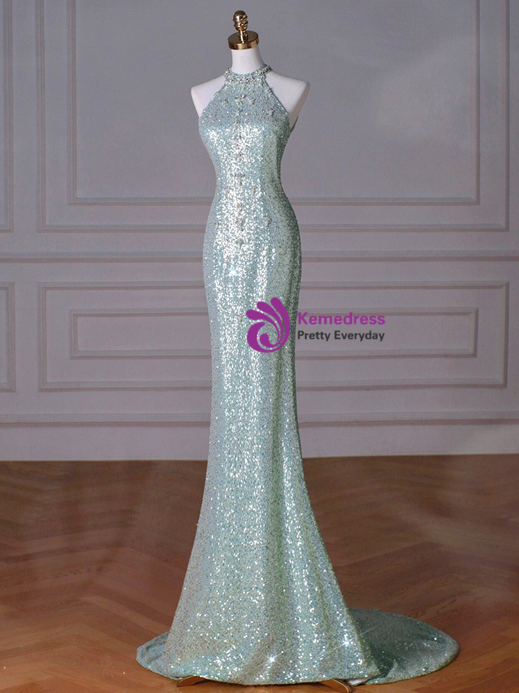 Trumpet Mermaid Beading Green Halter Sequin Prom Dress
