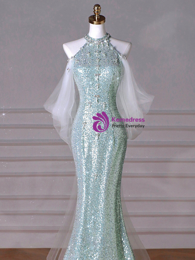 Green Mermaid High Neckline Backless Prom Dress Evening Dress Y8490 main image 1