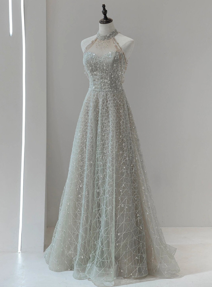 Silver Sequins Halter Beading Prom Dress With Feather Shawl main image 1