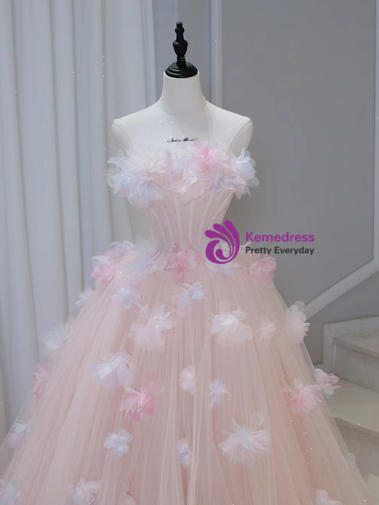 Pink Tulle Homecoming Dress Hand-Made Flower Prom Dress, SH263