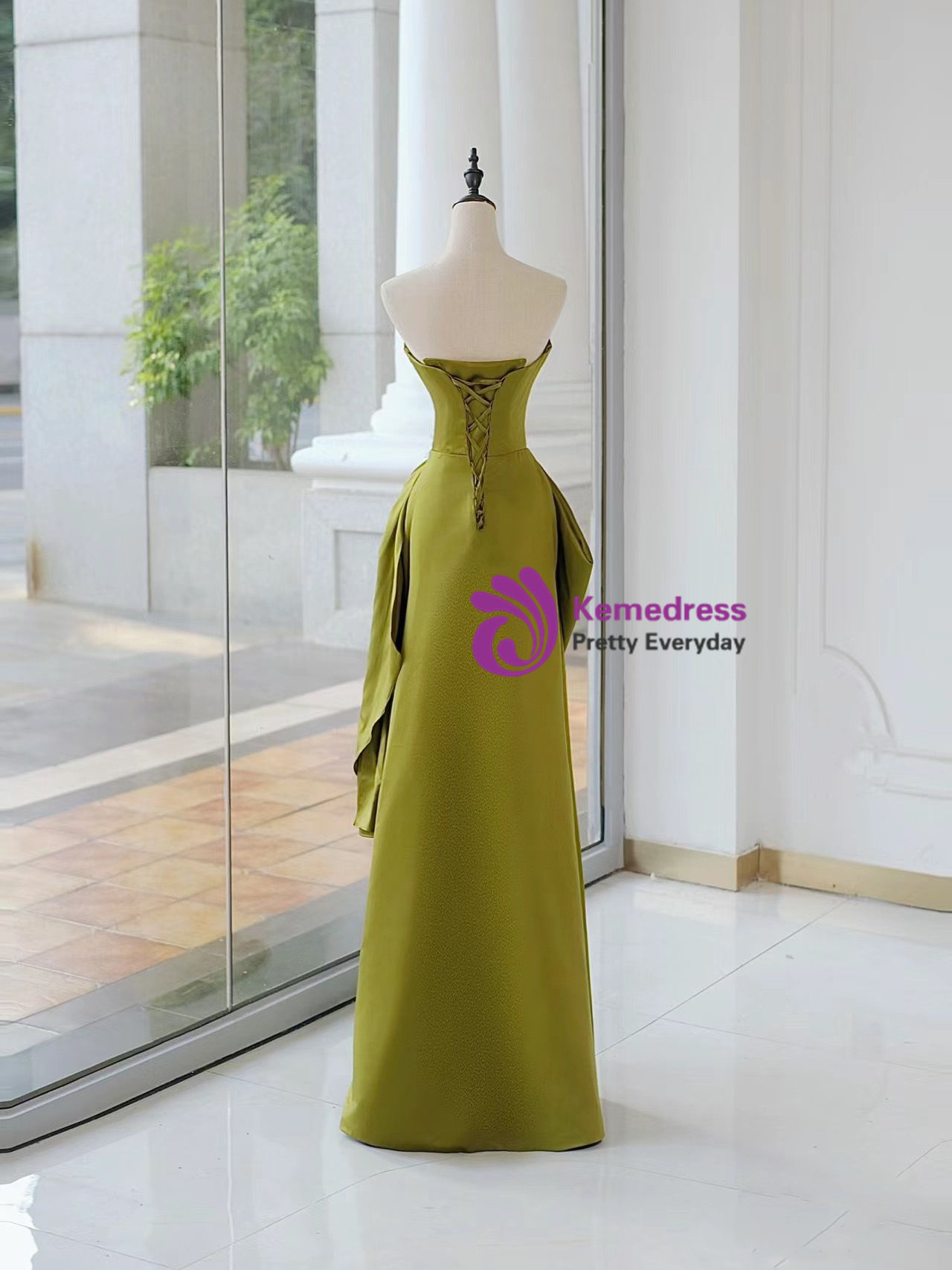 Trendy Dark Green Strapless Beading Satin Prom Gown SREAL222
