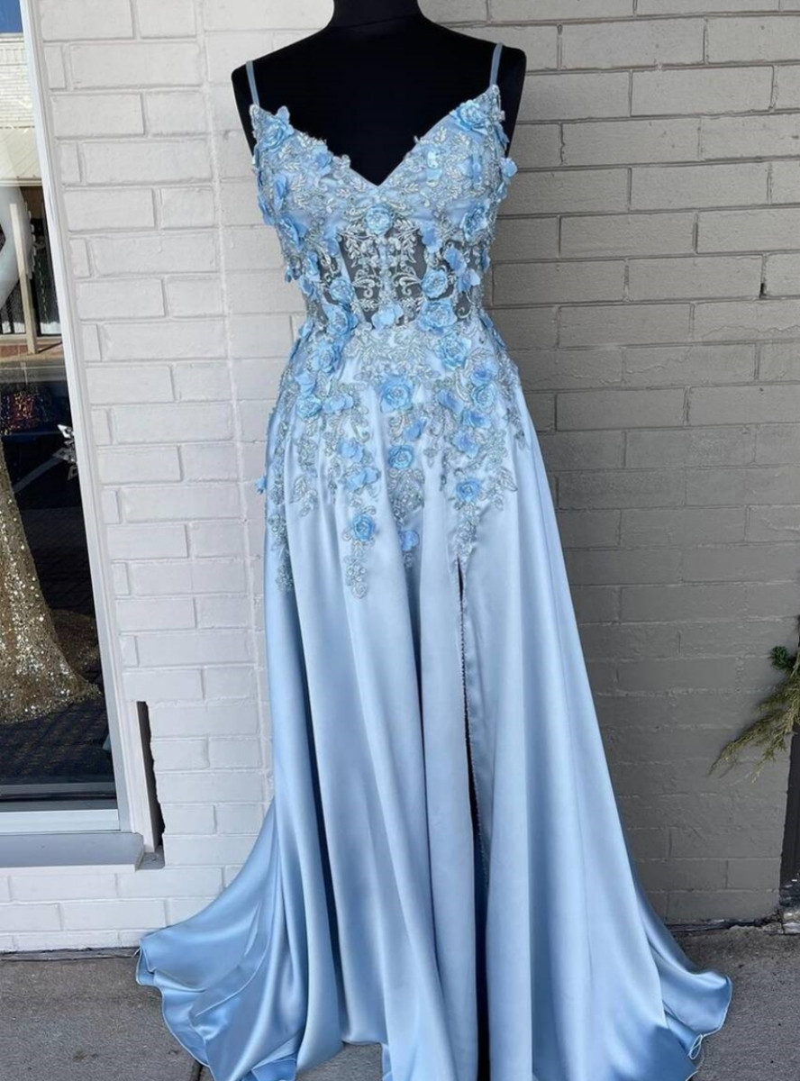 Elegant Blue Satin Spaghetti Straps Evening Gown A Line Long Party Dress Prom Dress Y7557 main image 1