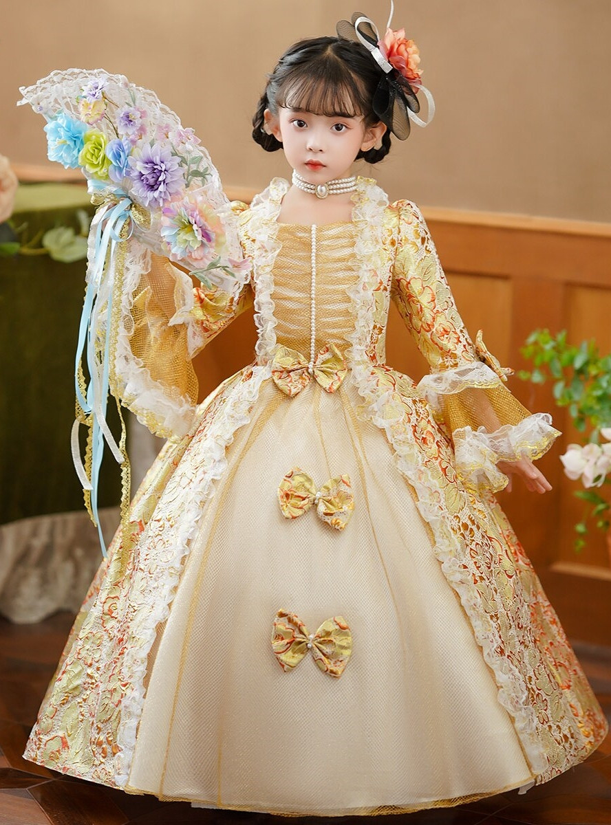 Champagne Satin Long Sleeve Flower Rococo Baroque Dress