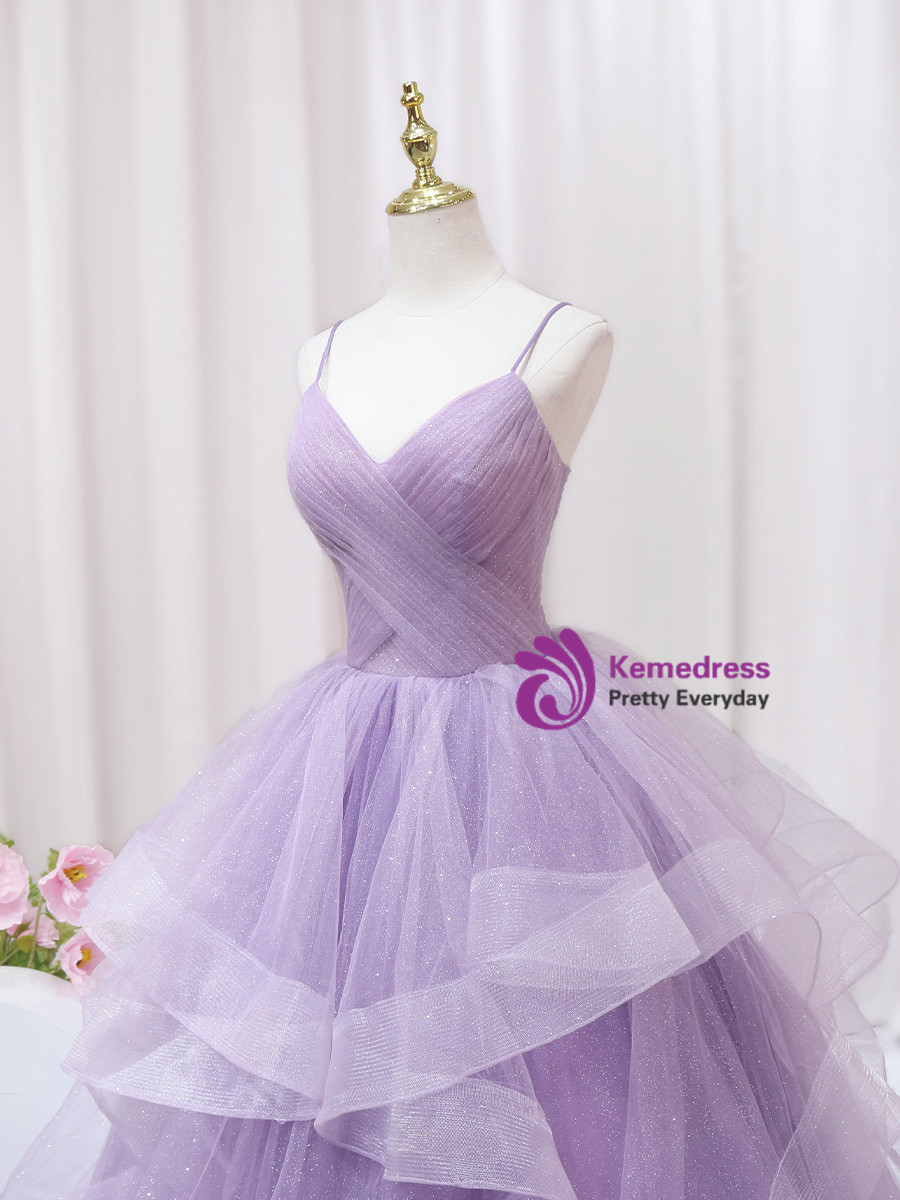 Purple Lace Spaghetti Straps Nude Lining Long Prom Dress, Long Party Dresses UQ1712 main image 1