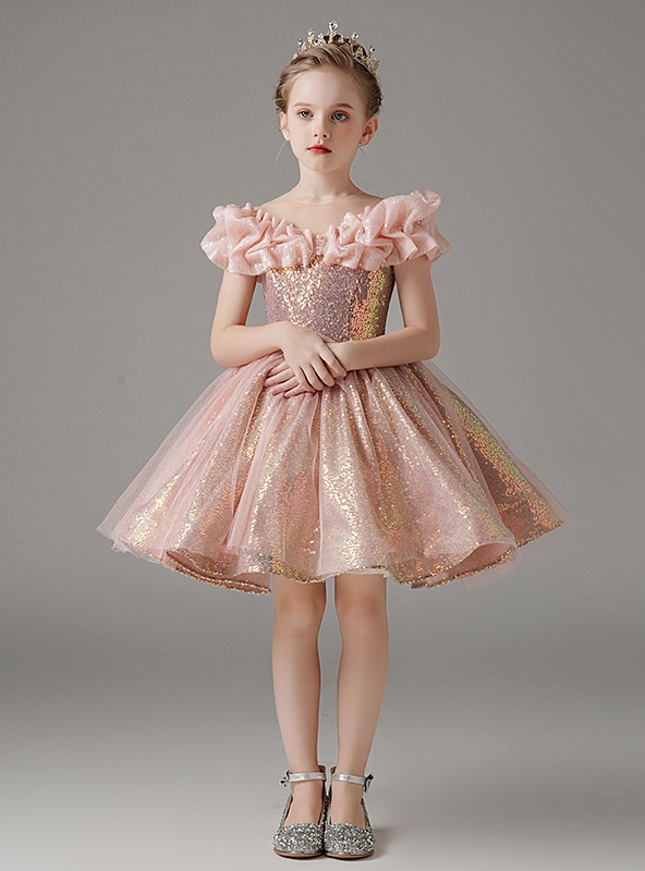 Girls Sparkling Sequin Lace Top Over Laid Tulle Skirt Flower Girl Dress 2-12