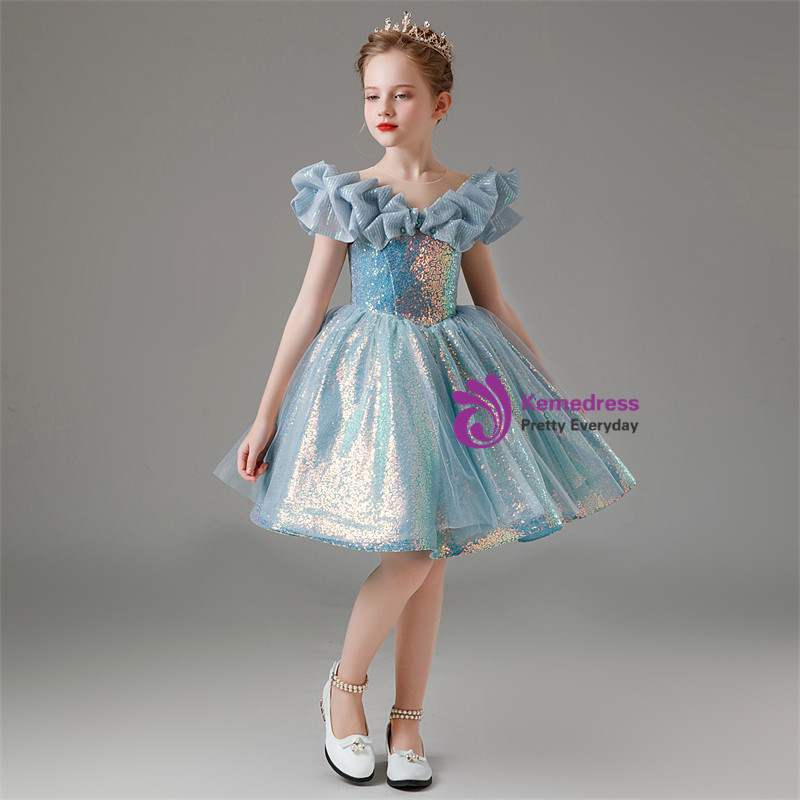 Stunning Blue Short Sleeves Jewel Flower Girl Dress with Appliques