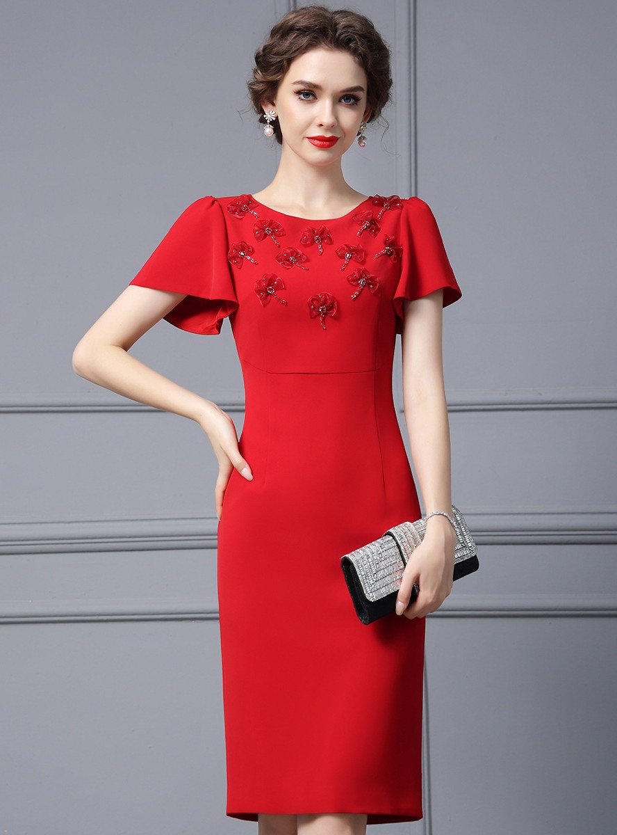 Sheath Scoop Neckline Applique Pleated Dress Burgundy main image 1