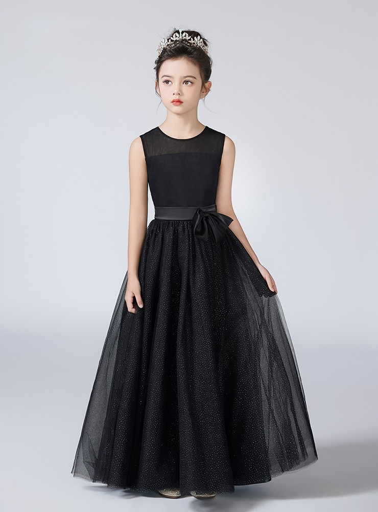 Black Tulle Sequin-Embroidery Backless A-Line Flower Girl Dress with Bow
