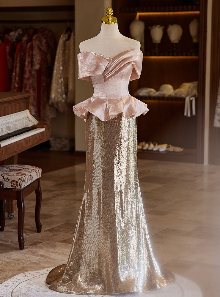 A-Line Off Shoulder Sequins Sheer Corset Tulle Dress Flamingo