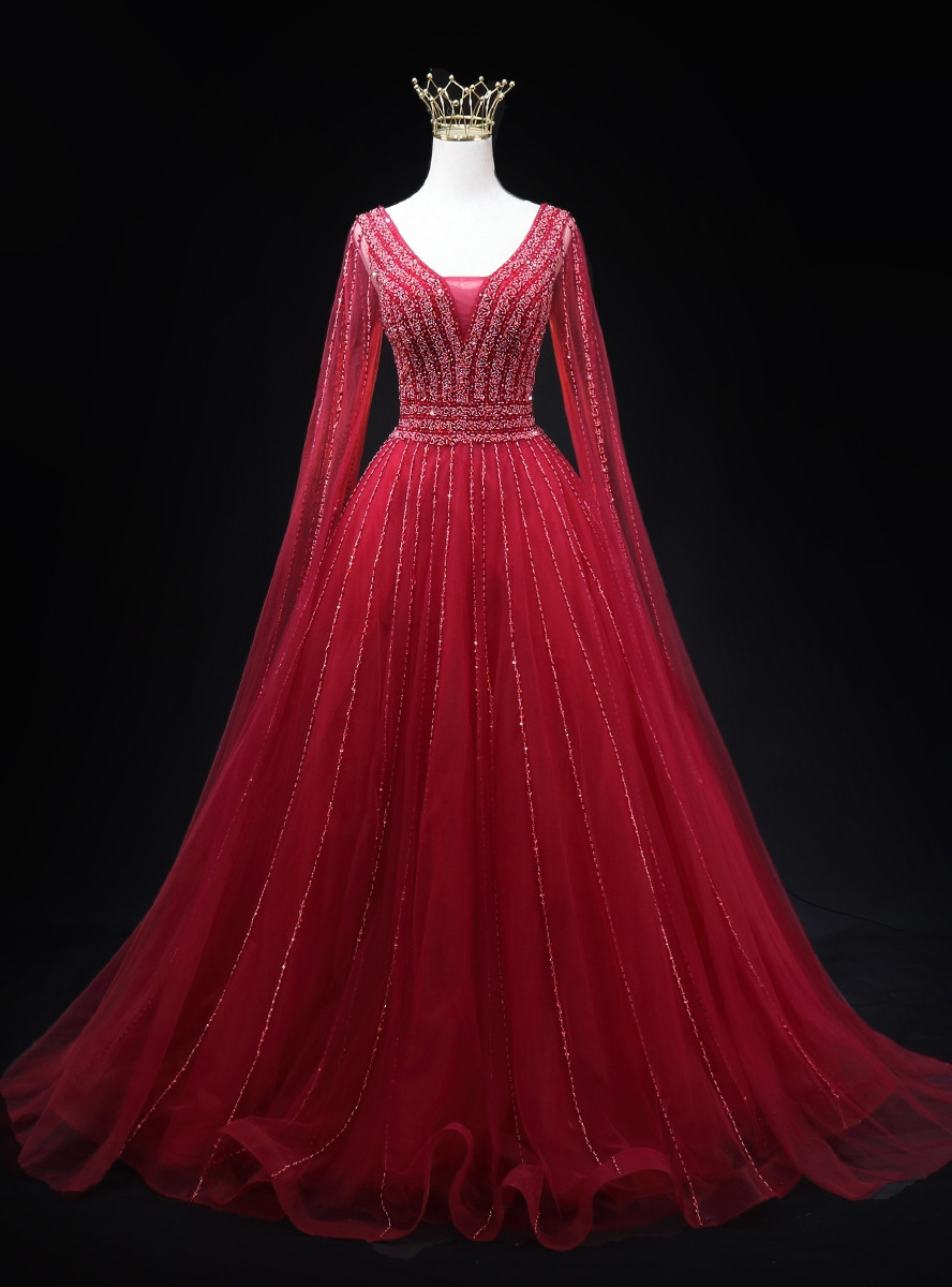 Burgundy Sequins High Low V Neck Ruffles Prom Dress main image 0