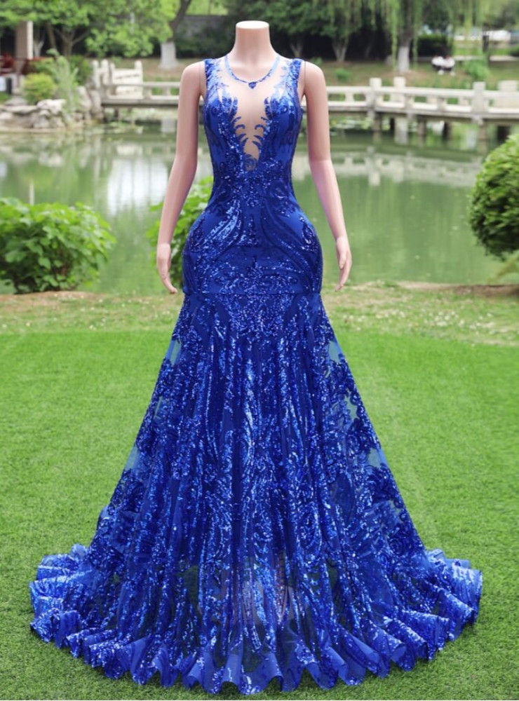 Royal Blue Sequin Choker Neck Feathered Mermaid Prom Dress main image 1