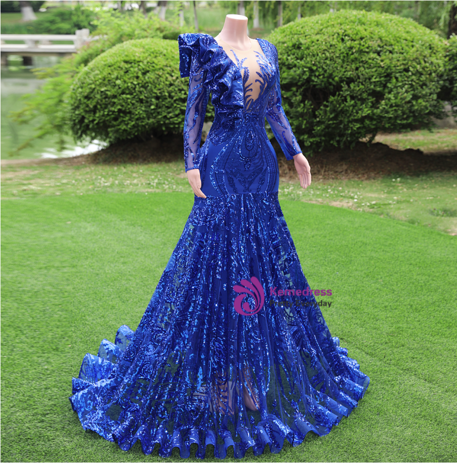 Sexy Mermaid Royal Blue African Long Sleeves Rose  Flowers Long Prom Dresses Y1587 main image 1