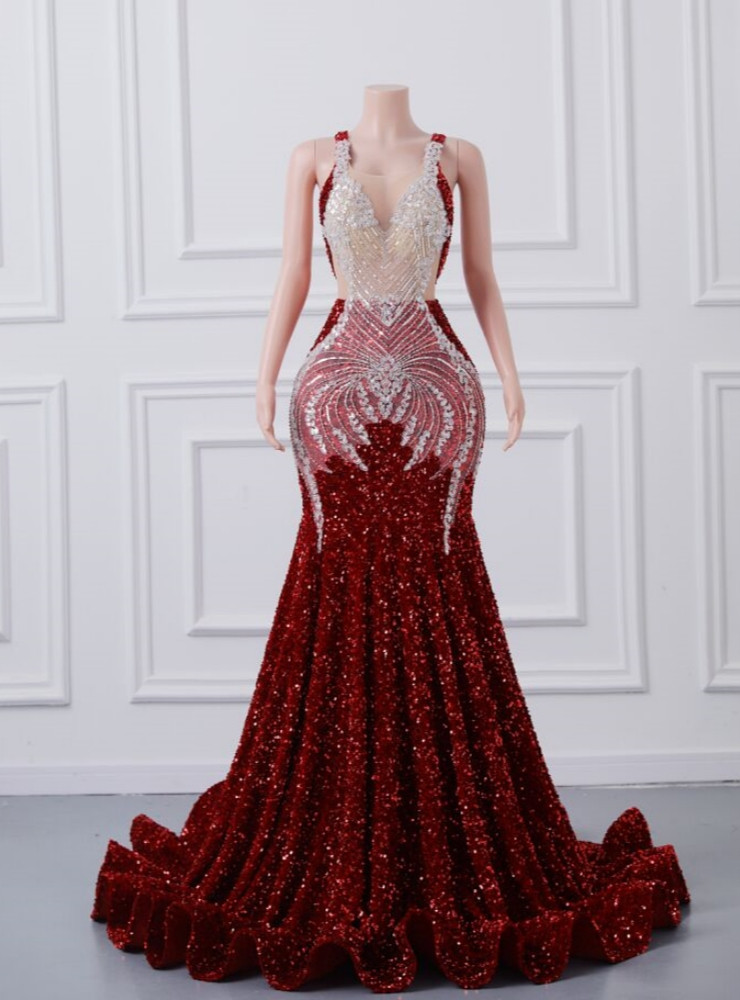 Burgundy Mermaid Strapless Sequins Long Evening Dresses Y1220 main image 1