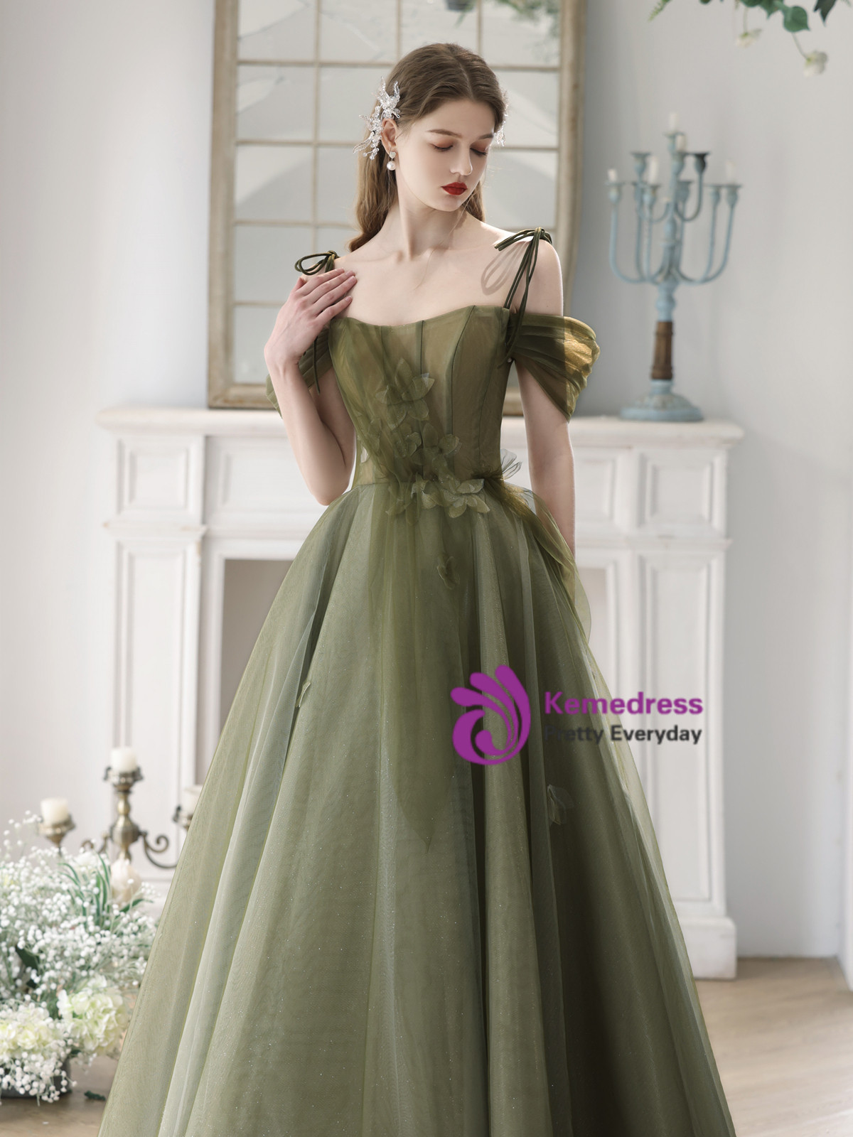 Green Tulle Straps Floral Long Party Dress, Green Tulle Prom Dress