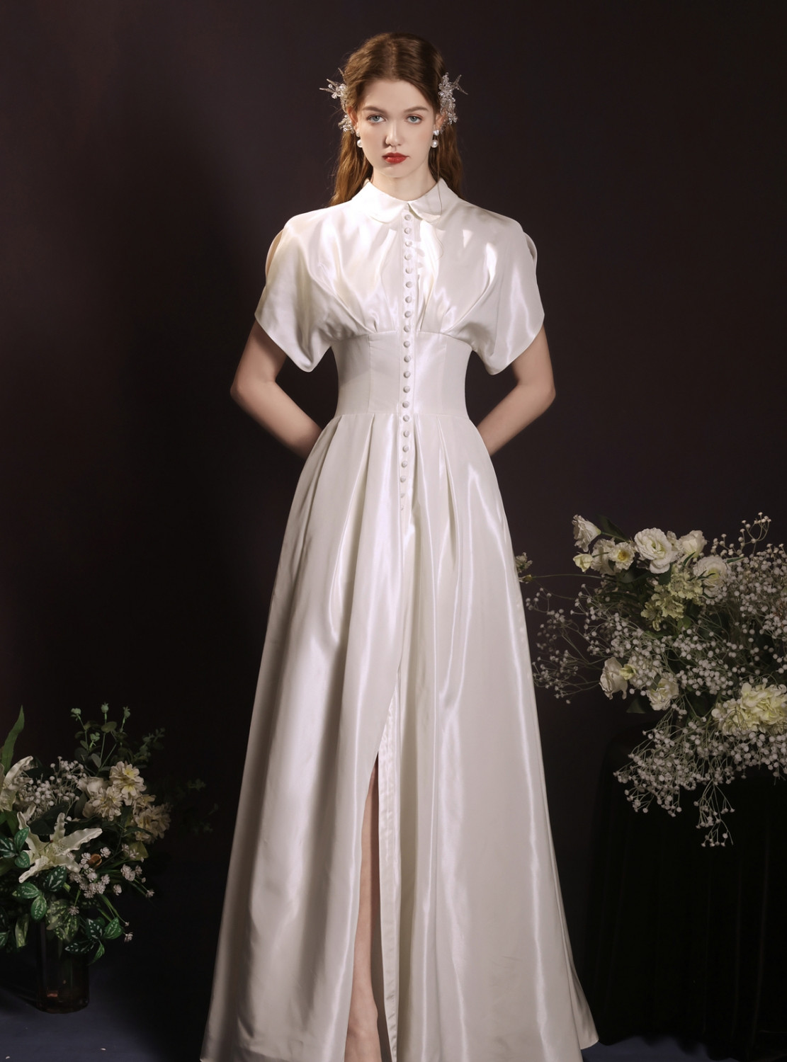 White Satin Short Sleeves A-line Wedding Party Dress, White Satin Formal Dress
