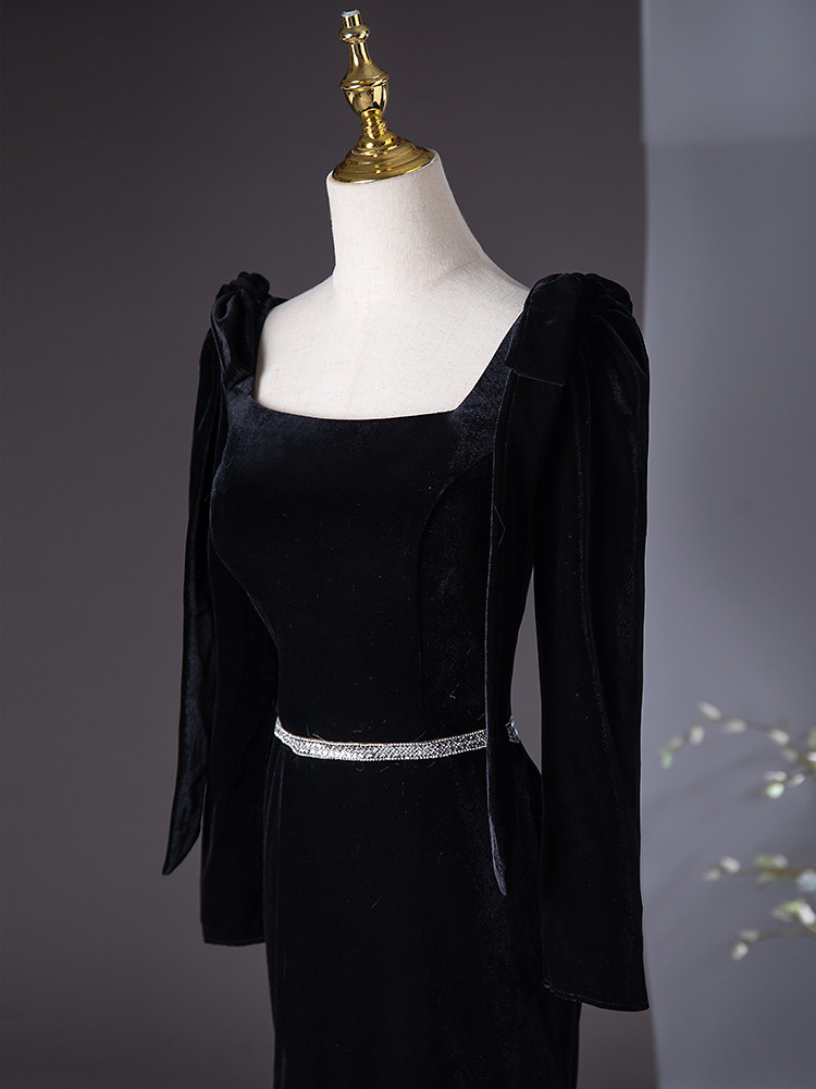 Black Mermaid Velvet Puff Sleeve Backless Formal Prom Dress main image 0
