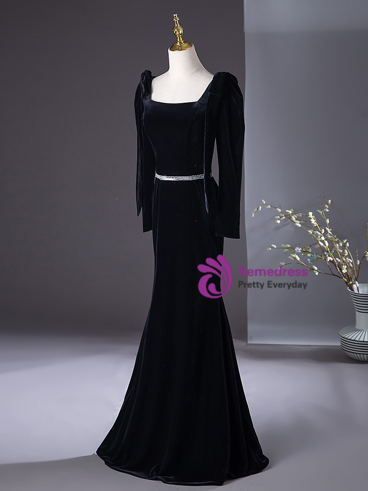 Sexy Mermaid Long Black Velvet Prom Dresses Long Prom Gown With Gloves Y7286