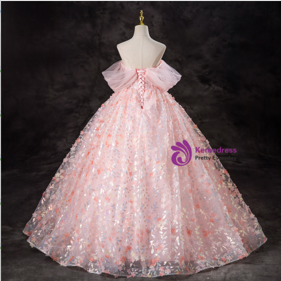 3D Flower Pink Quince Dresses Ball Gown Wedding Dress Off the Shoulder 222160