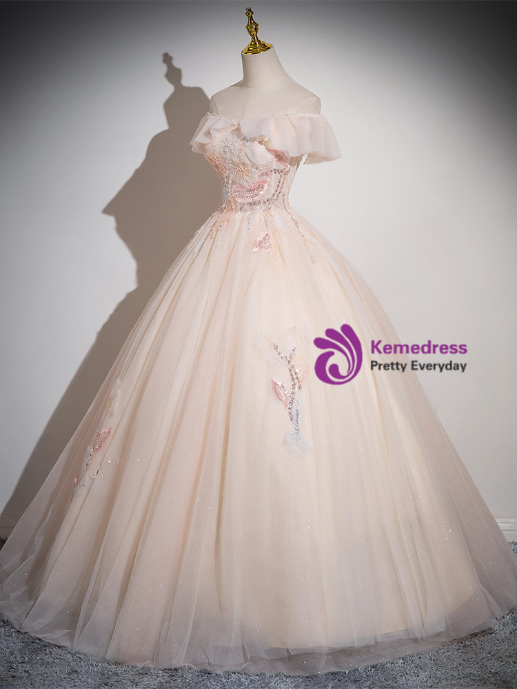 Champagne Tulle Sequins Flower Quinceanera Dress main image 0