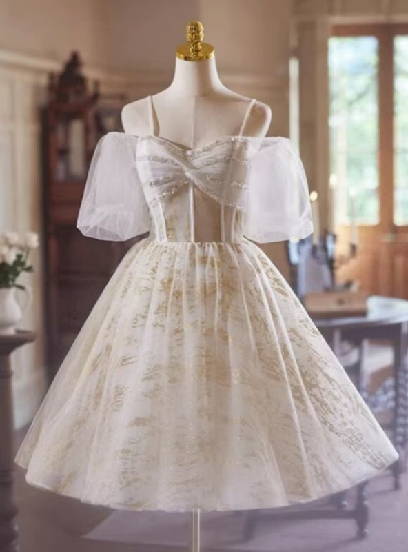Spaghetti Straps Sleeveless Floral Tulle Satin A-Line Mini Homecoming Dress main image 1