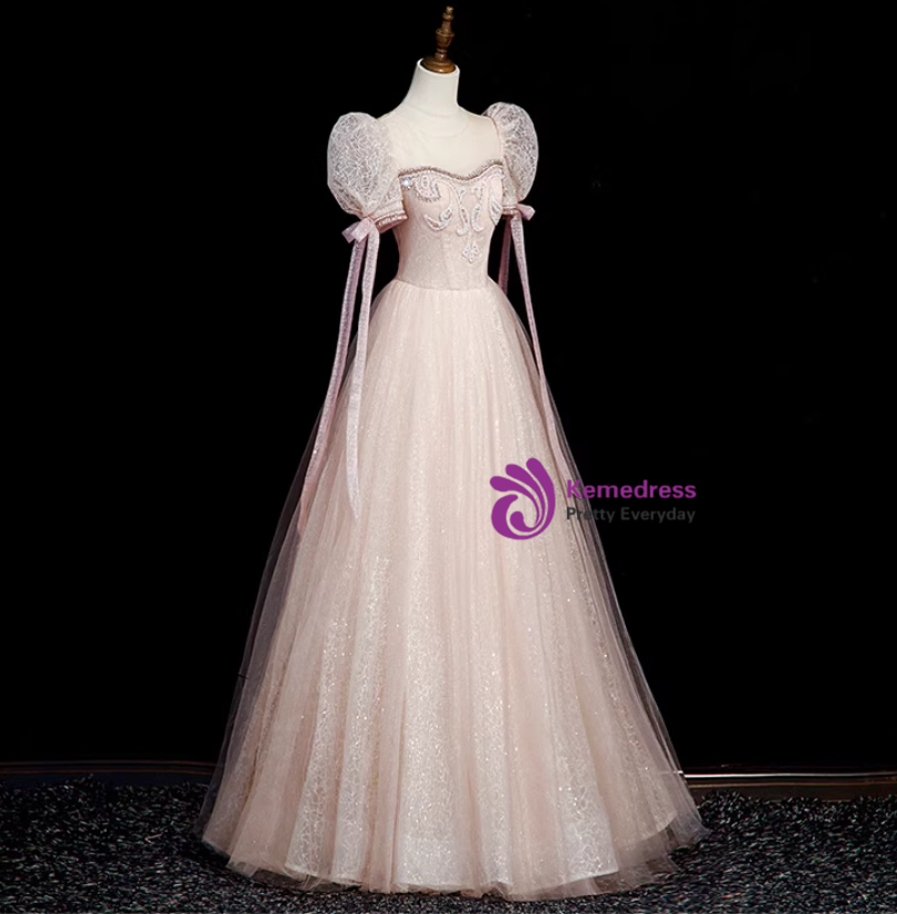 Blue Tulle Sequins Puff Sleeve Beading Formal Prom Dress
