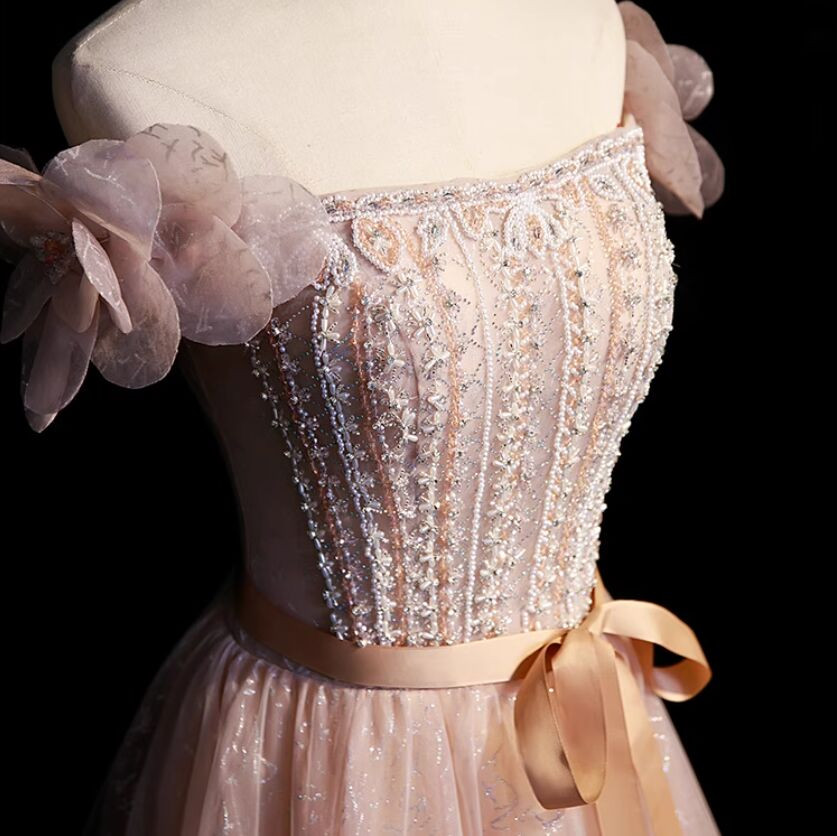 A Line Pink Tulle Off The Shoulder Flower Prom Dress