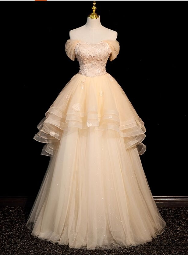 Champagne Lace Applique Off Shoulder Tulle Party prom dress    cg22423 main image 0
