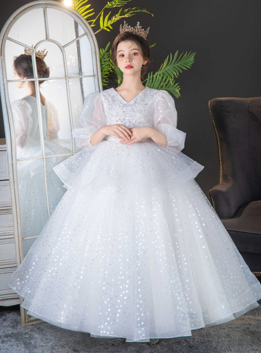 Princess Puffy Illusion Neckline Sequin Flower Girl Dress - Pink