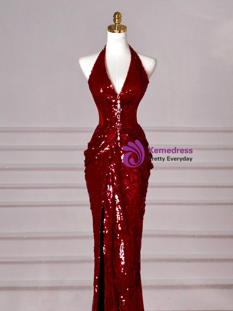 Mermaid Deep V Neck Burgundy Long Prom Dress with Beading