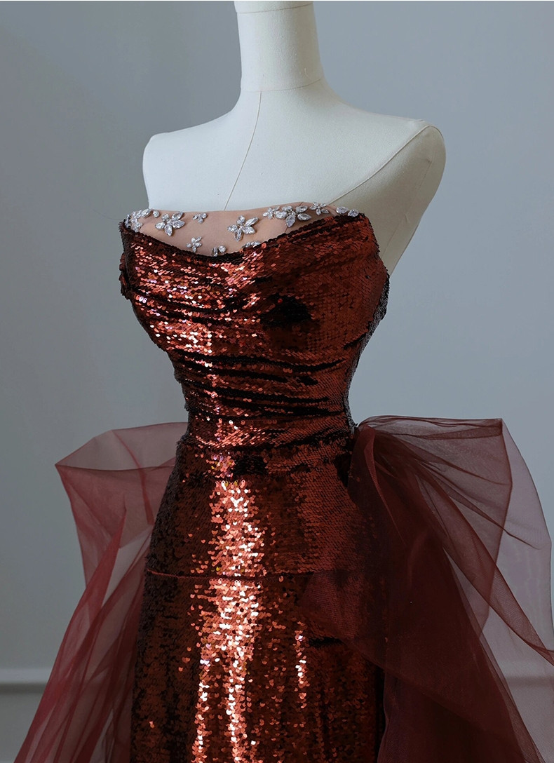 Burgundy Sequins Plunging Neck Ruffled Sleeves Mermaid Prom Dress