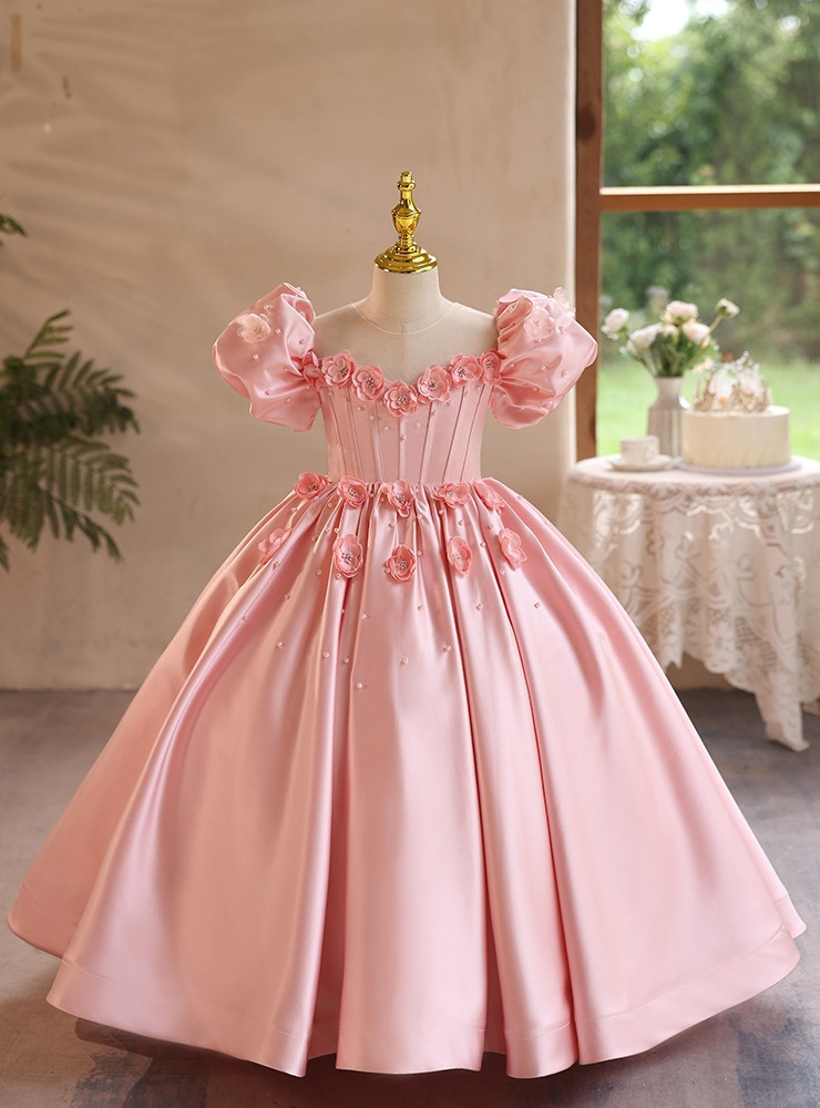 Ball Gown Square Neck Puff Sleeves Flower Girl Dresses with Ruched