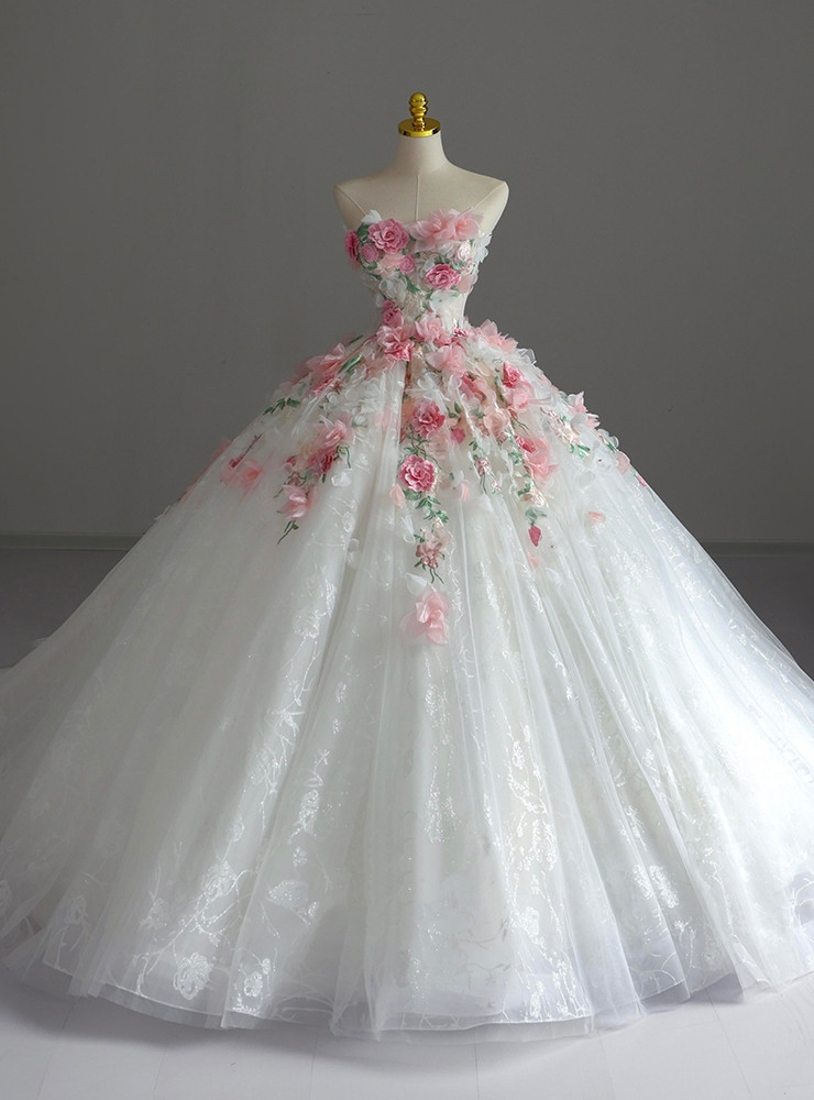 3D Gold Flower Embellished Strapless Gown