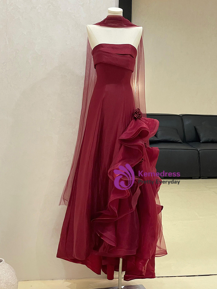 Burgundy Tulle Sequins Strapless Formal Prom Dress With Shawl
