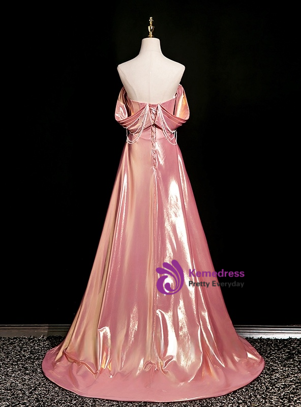 Pink Tulle Off the Shoulder Pleats Beading Prom Dress main image 1