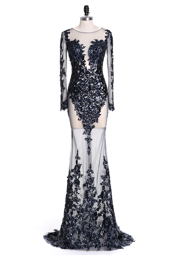 Blue Mermaid Beaded Long Sleeves Evening Gown main image 0