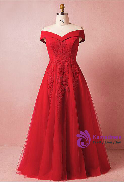 Red Plus Size Tulle Off Shoulder Long Evening Dress, Red A-line Prom Dress Formal Dress